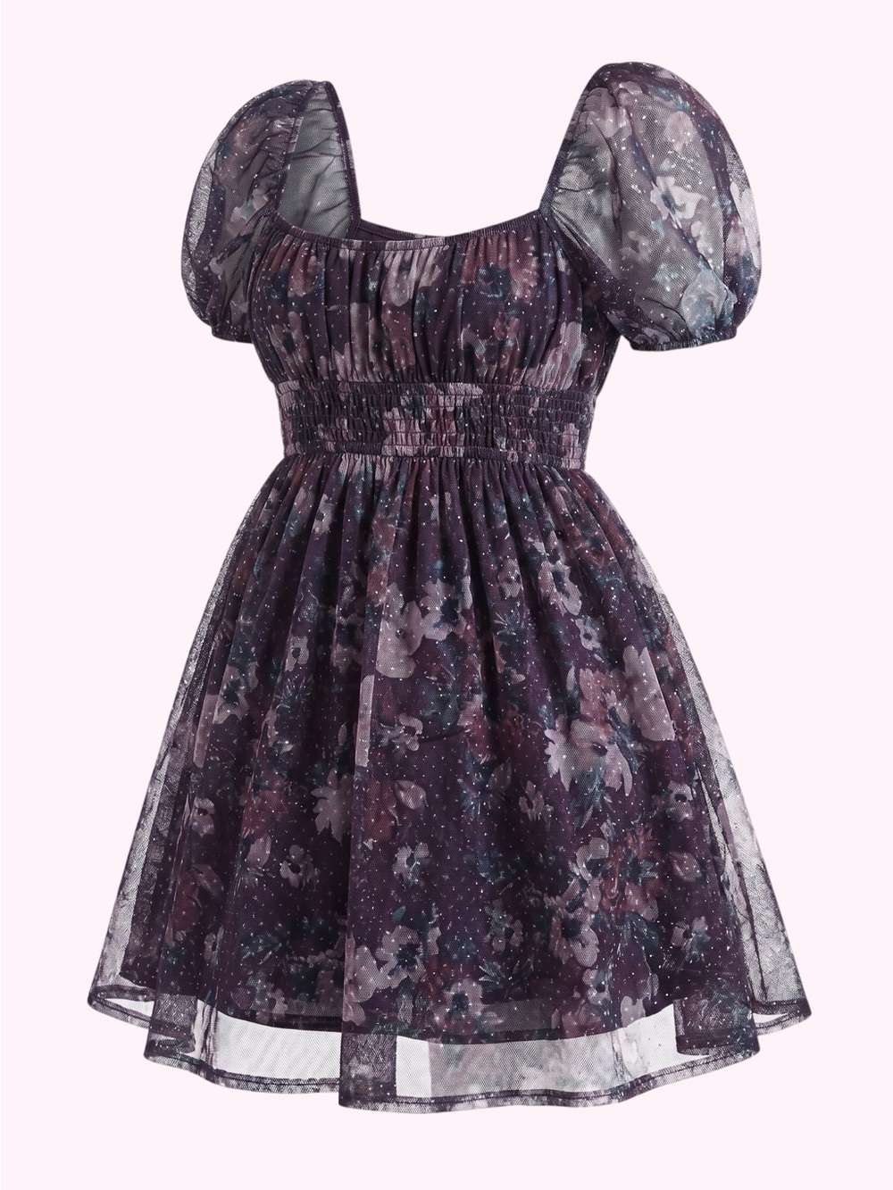 miami🎀Plum Floral Puff-Sleeve Dress🎀NWOT🎀SZ L🎀Whimsy & Flirty🎀Versatile!